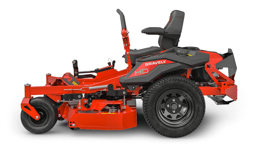 Red Gravely zero-turn lawn mower on a black background