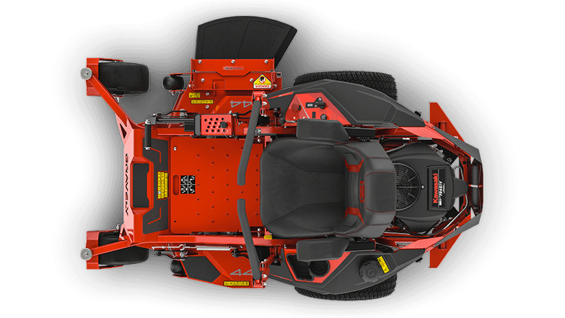 Top-down view of a red lawn mower on a white background