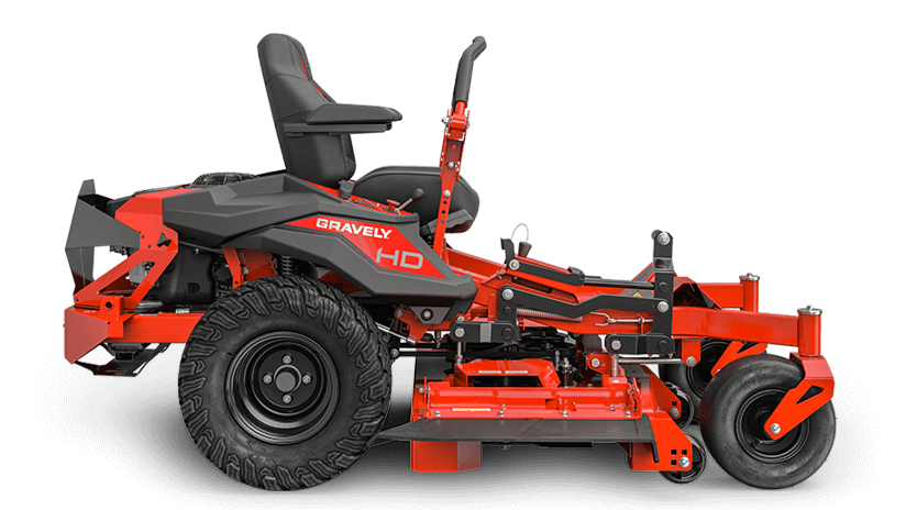 Side view of a red Gravely ZTHD ride-on mower