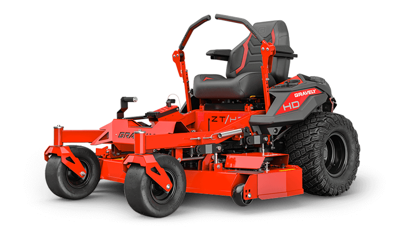 Red Gravely zero-turn lawn mower with a high back seat.