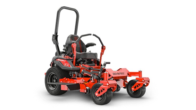 Red zero-turn lawn mower on a black background