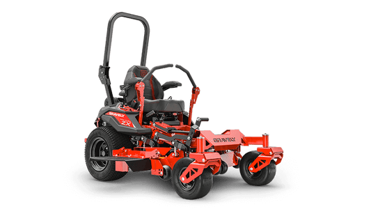 Red zero-turn lawn mower on a black background
