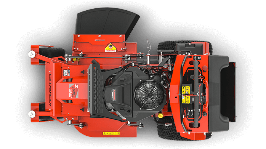 Birds eye view of red stand-on Gravely Z Stance 32 mower.