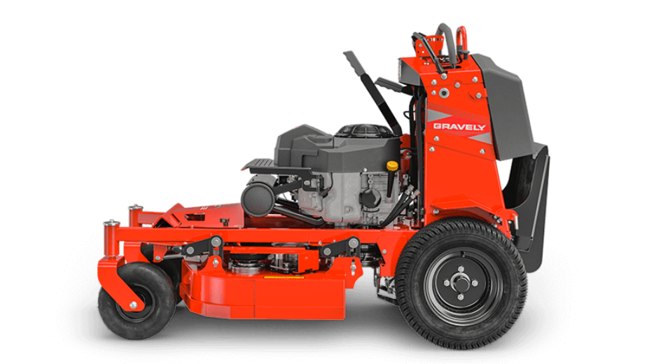 Side view of red stand-on Gravely Z Stance 32 mower.