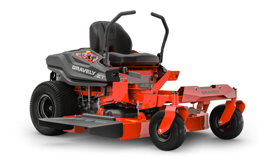 A red Gravely ZT 42 zero-turn lawn mower with black accents, showing the profile with the deck raised slightly.