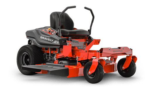 A red Gravely ZT 42 zero-turn lawn mower with black accents, showing the profile with the deck raised slightly.