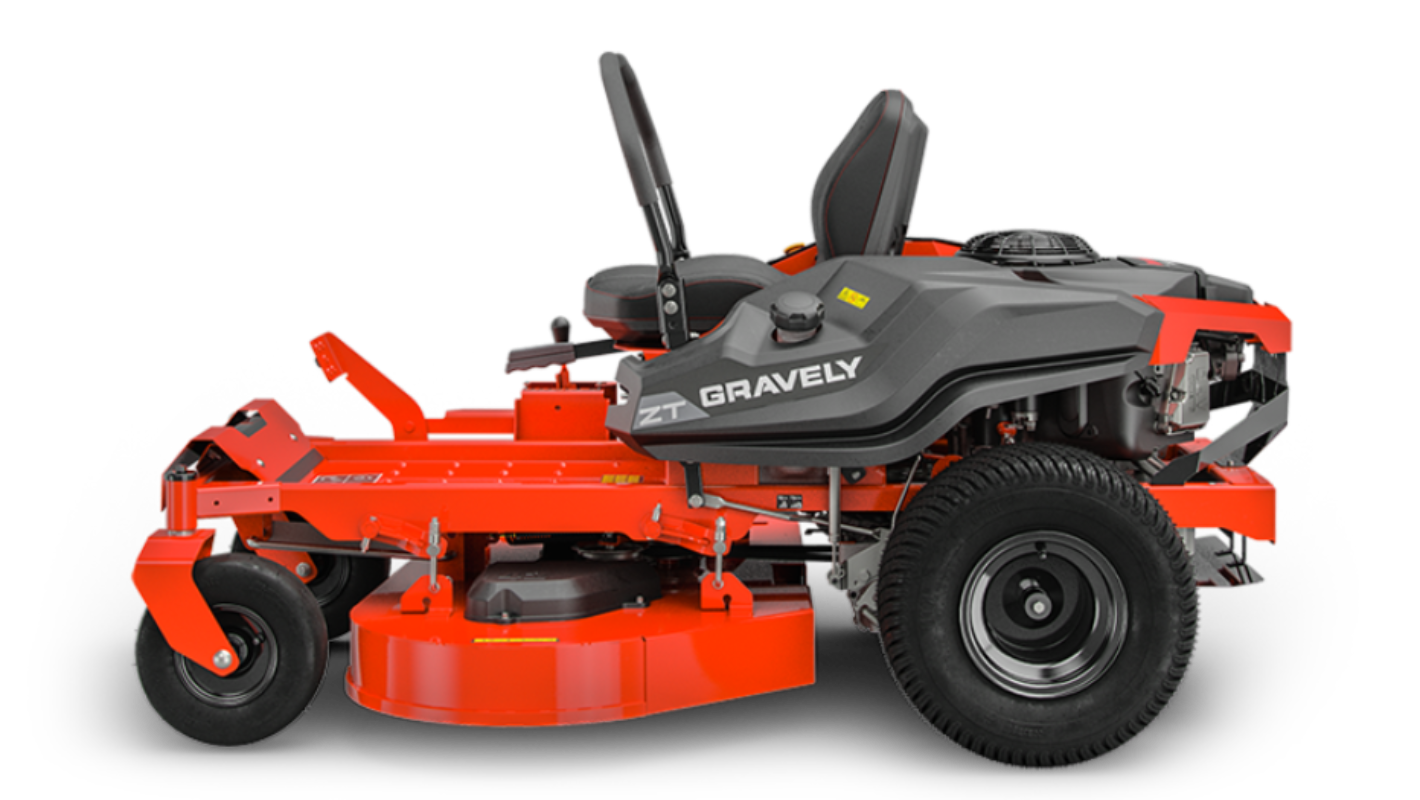 Side view of a red Gravely ZT 42 zero-turn lawn mower with black accents.
