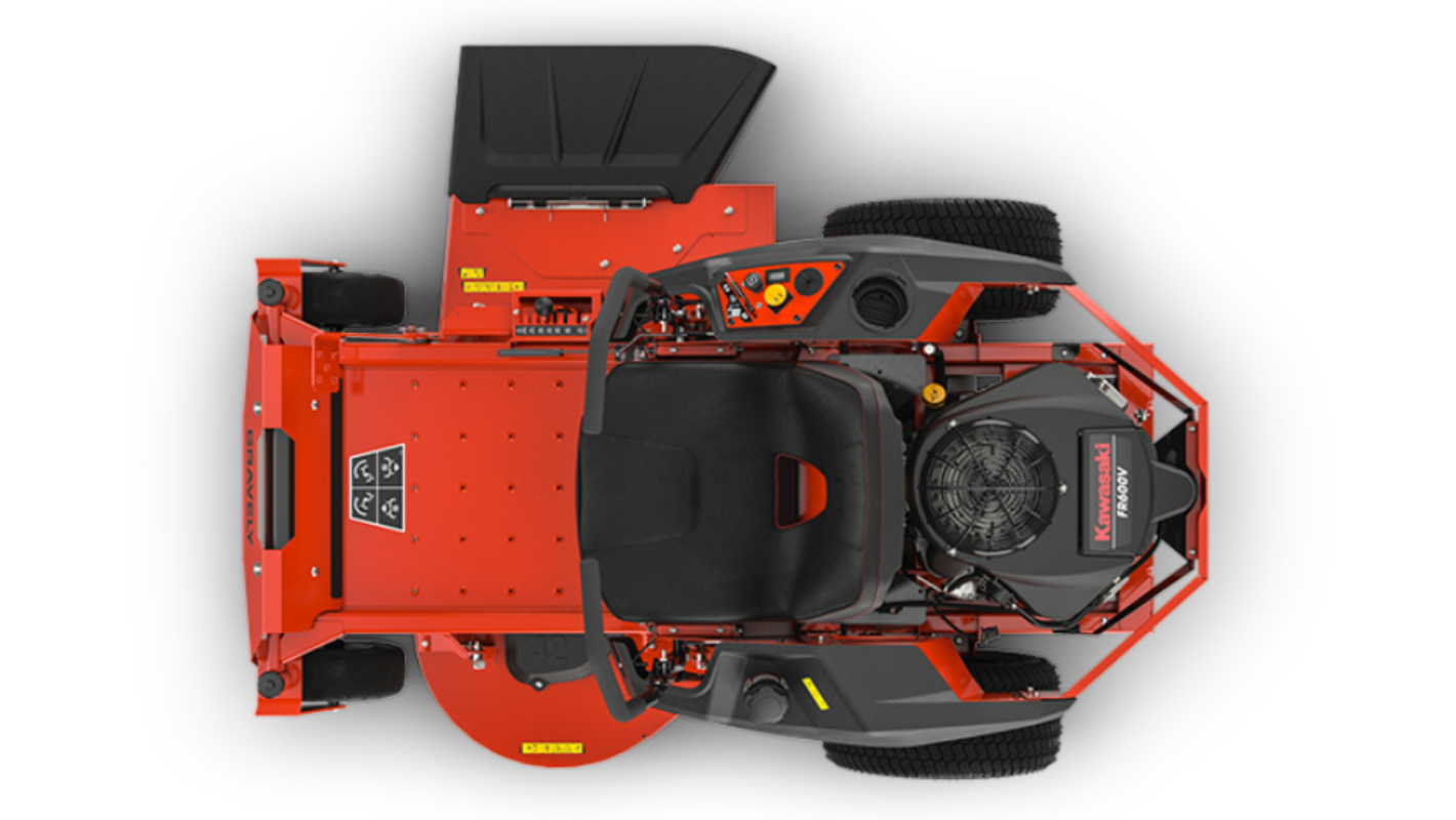 A bird's eye view of a red Gravely ZT 42 zero-turn lawn mower with black accents and a Kawasaki engine.