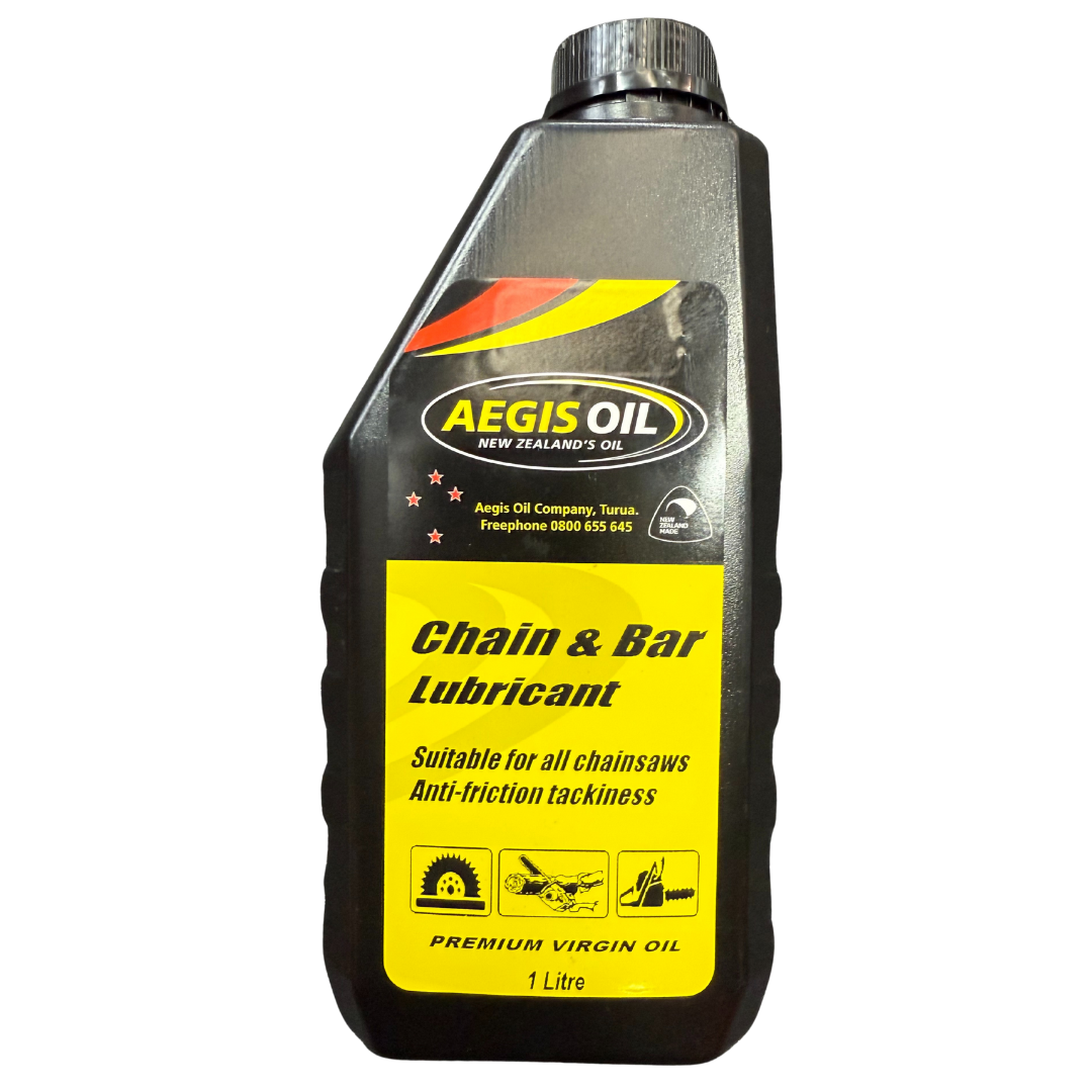 Aegis Oil chain and bar lubricant bottle on a white background