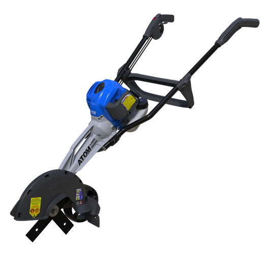 Atom garden edger with blue and black design on a white background