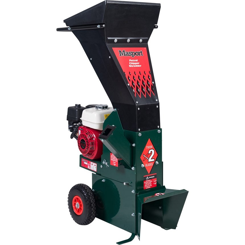 Masport chipper shredder with a red and green color scheme, featuring a Honda GX160 engine and large wheels, designed to break down branches into mulch.