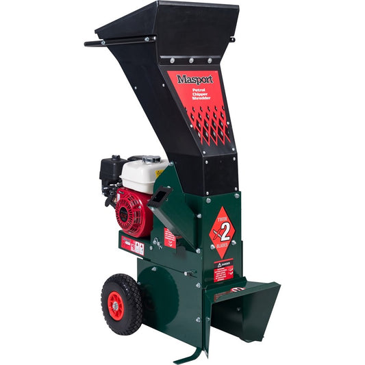 Masport chipper shredder with a red and green color scheme, featuring a Honda GX160 engine and large wheels, designed to break down branches into mulch.