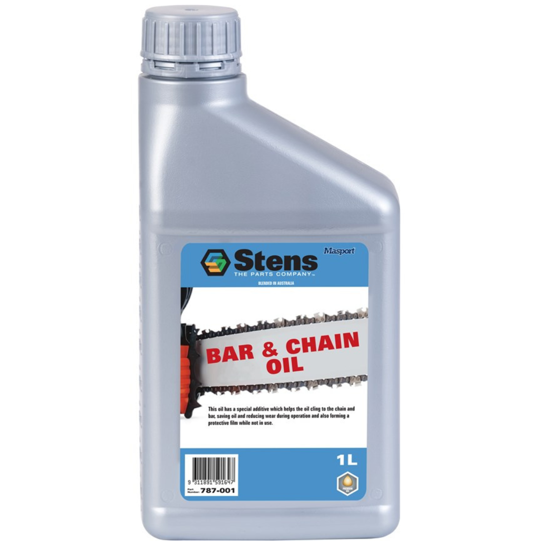 Stens 1L bar and chain oil bottle on a white background