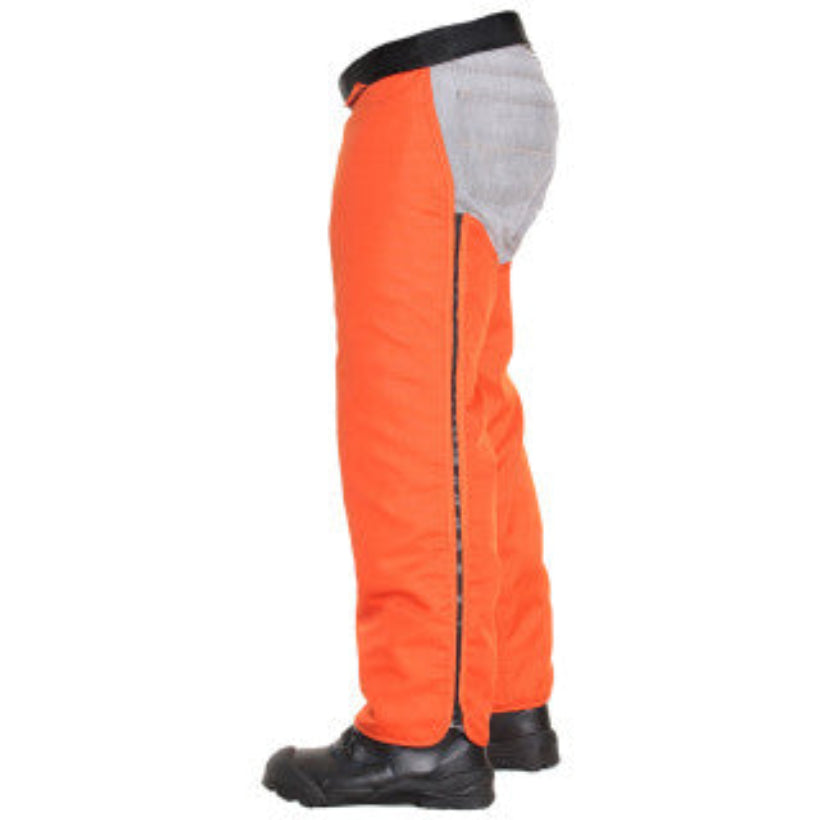 Orange Clogger C8 Chaps pants with a gray section on a white background