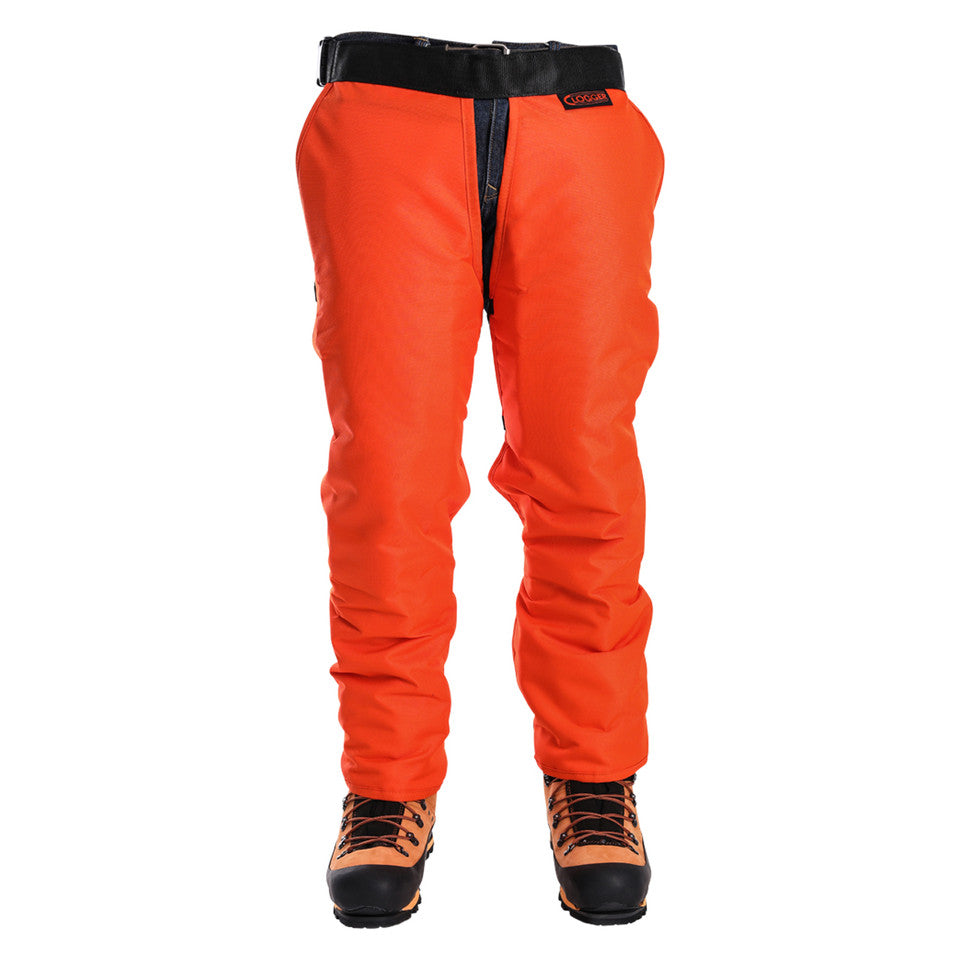 Orange chainsaw chaps with black boots on a white background