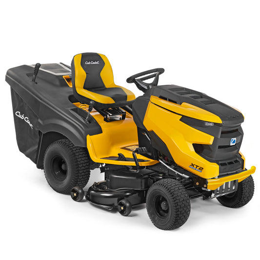 A yellow Cub Cadet 1023 XT2 ride-on lawn mower with a 42-inch deck and rear discharge catcher.