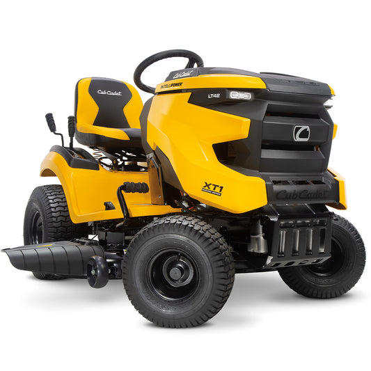 A yellow Cub Cadet LX547 ride-on mower with a 42-inch cutting deck.