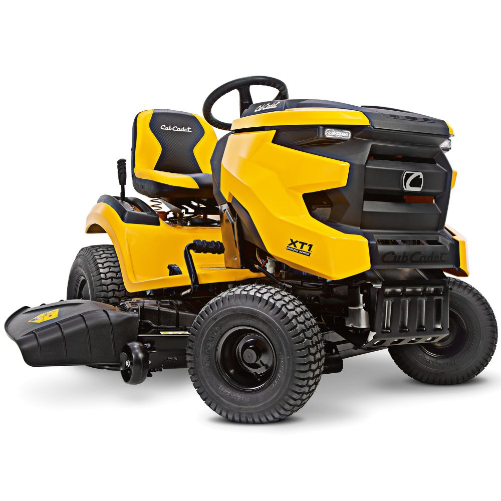 Yellow and black side-discharge Cub Cadet XT1 18/42 image on a white background