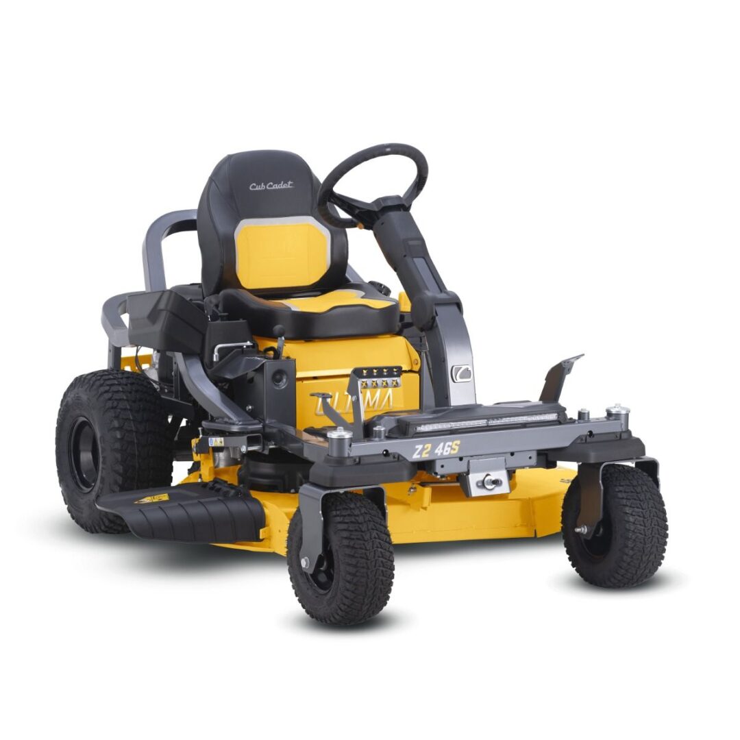 Yellow and black Cub Cadet zero-turn zero-turn mower with steering wheel on a white background