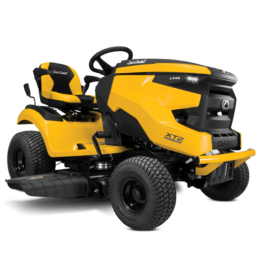 A yellow Cub Cadet LX42 ride-on mower with a black seat and large wheels, designed for lawn mowing.