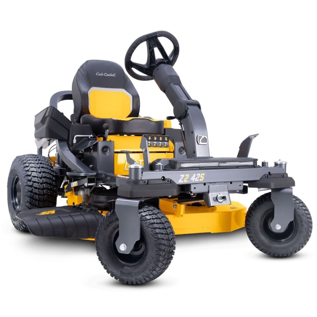 A zero-turn riding lawn mower with a black and yellow seat, steering wheel, and gray chassis, shown from a three-quarters angle on a white background.