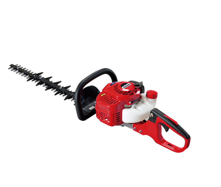 A red and black DH221 Shindaiwa hedge trimmer with a rotating handle and a double-sided cutting bar.