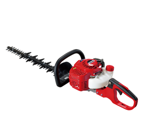 A red and black DH221 Shindaiwa hedge trimmer with a rotating handle and a double-sided cutting bar.