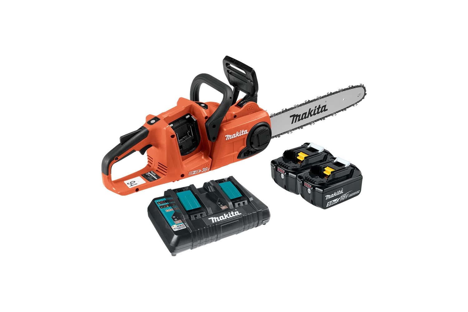 Orange Makita 18Vx2 (36V) LXT Brushless 35cm 14-inch Chainsaw with two 5.0Ah batteries and a dual charger.