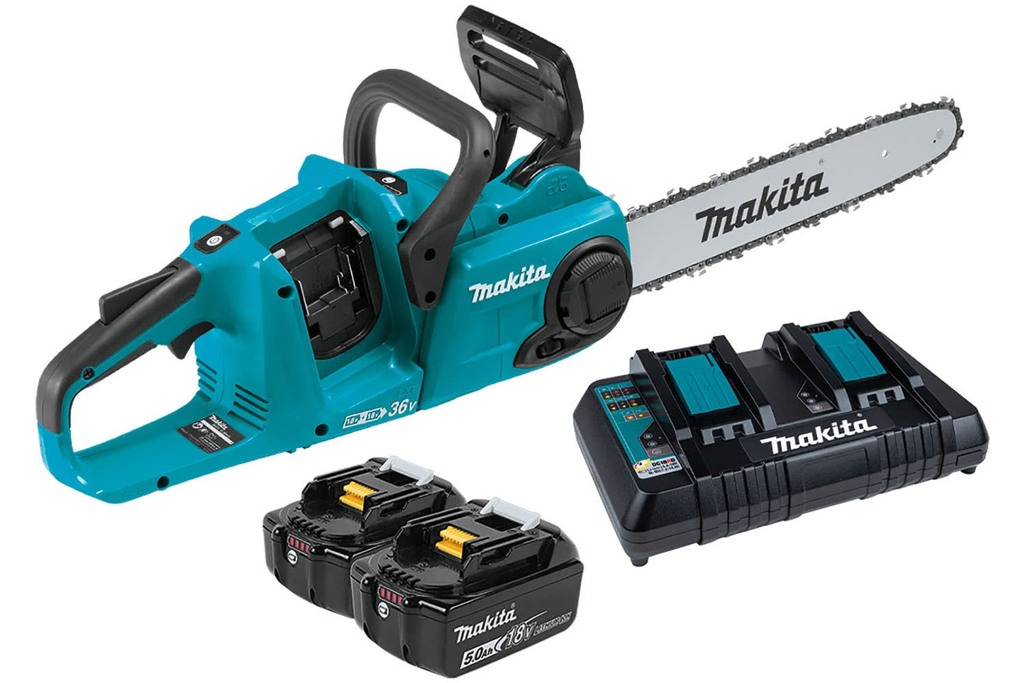 Makita 18Vx2 (36V) LXT Brushless 35cm 14-inch Chainsaw with two 5.0Ah batteries and a dual charger, primarily in black and aqua colours.