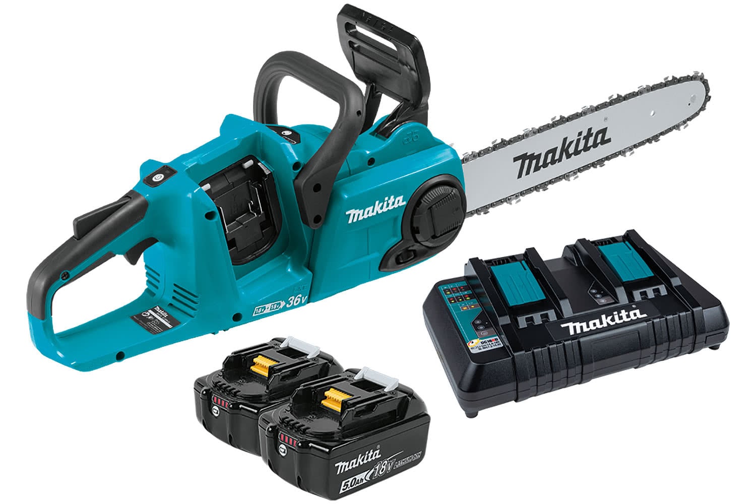 Makita 18Vx2 (36V) LXT Brushless 35cm 14-inch Chainsaw with two 5.0Ah batteries and a dual charger, primarily in black and aqua colours.