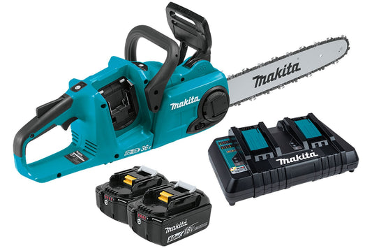 Makita 18Vx2 (36V) LXT Brushless 35cm 14-inch Chainsaw with two 5.0Ah batteries and a dual charger, primarily in black and aqua colours.