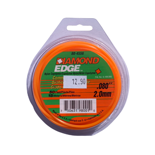 Spool of Diamond Edge brand string trimmer line with packaging on a white background