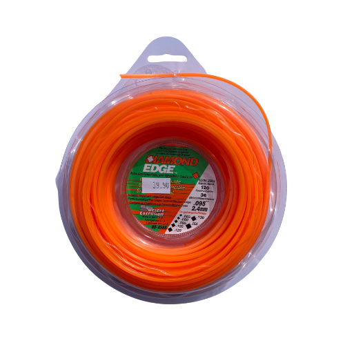 Spool of orange trimmer line with Diamond Edge branding on a white background