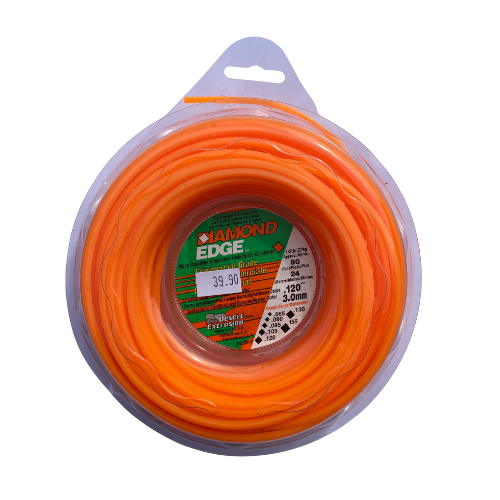 Spool of orange trimmer line with 'Diamond Edge' branding on a white background
