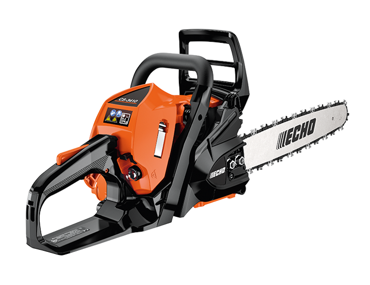Orange and black Echo chainsaw cs-3410 with white chain bar on a white background
