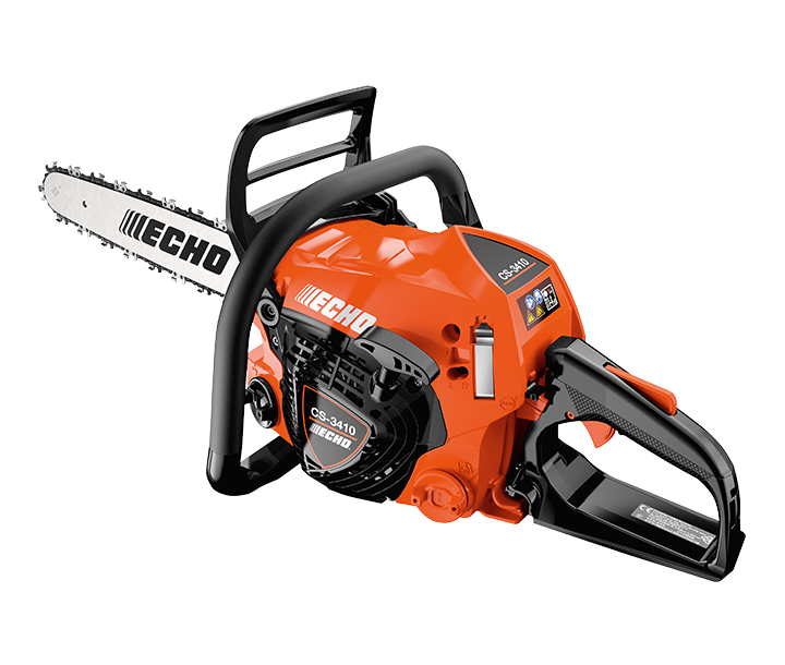 An Echo CS-3410 chainsaw with a bright orange body, black handles, and a silver bar with a black ECHO logo, shown on a plain white background.