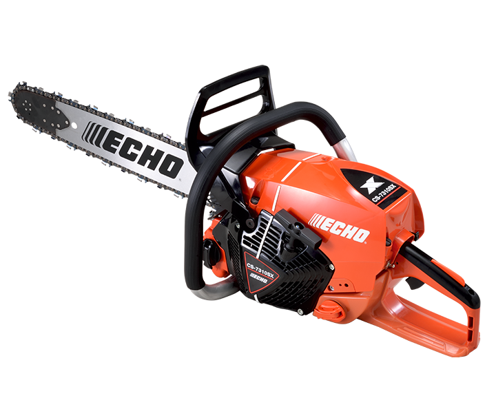 An Echo CS-7310SX chainsaw with a bright orange body, black handlebars and guard, and a silver guide bar with black branding, shown on a plain white background.