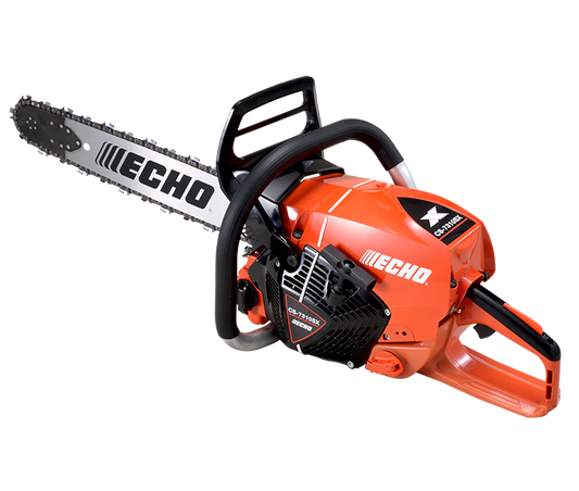 An Echo CS-7310SX chainsaw with a bright orange body, black handlebars and guard, and a silver guide bar with black branding, shown on a plain white background.