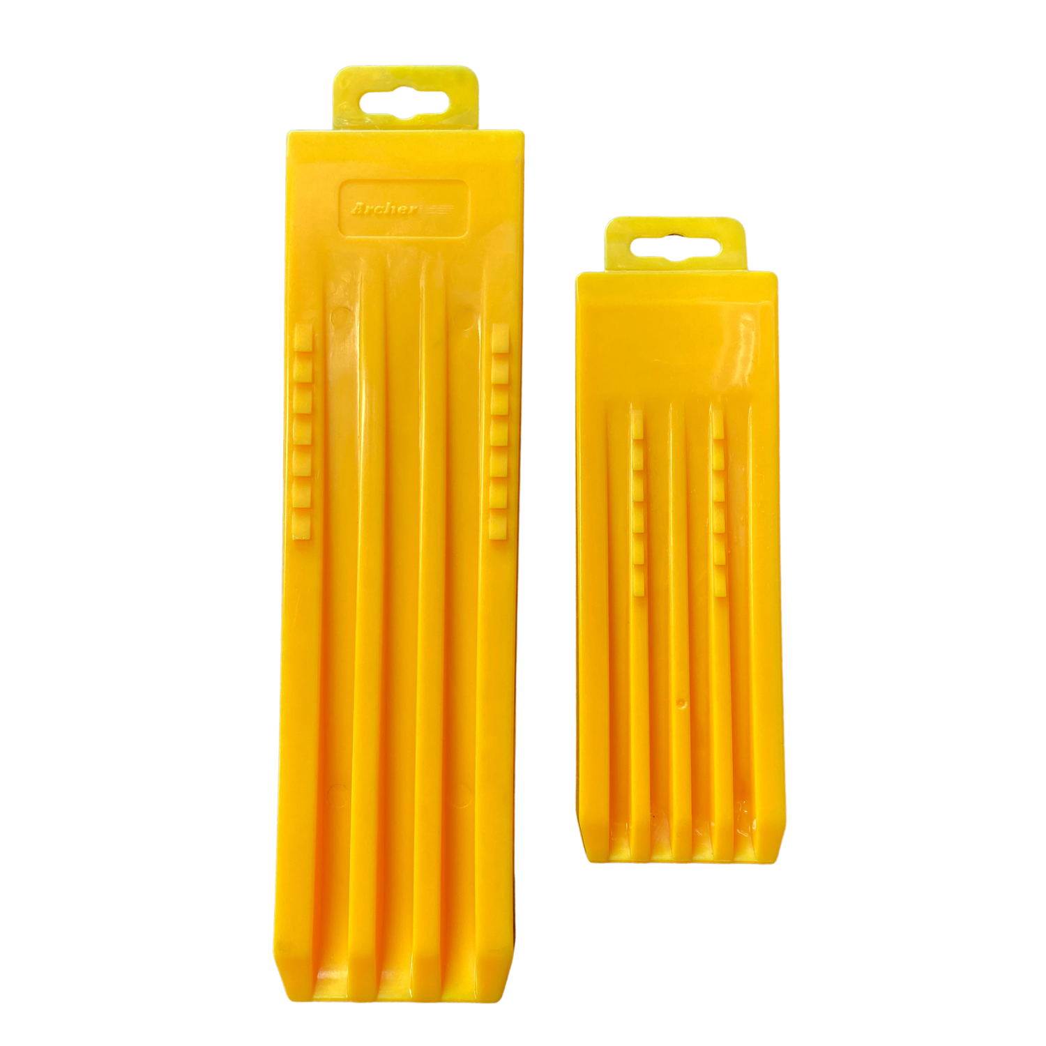 Two yellow plastic felling wedges with packaging on a white background