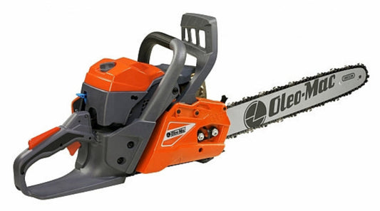 An Oleo-Mac chainsaw with an orange body, gray handle, and black accents. The saw features a long bar and a visible brand label.
