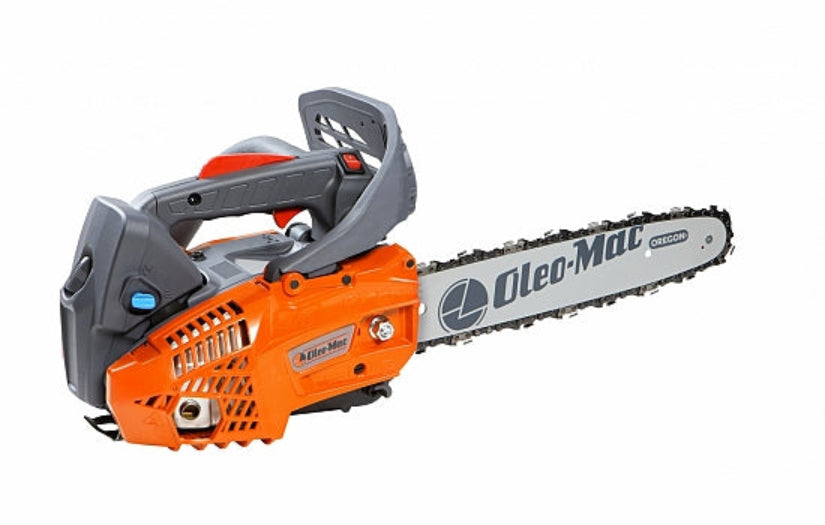 An Oleo-mac pruning chainsaw with an orange and gray body, branded Oleo-Mac, featuring a metallic blade and plastic components.