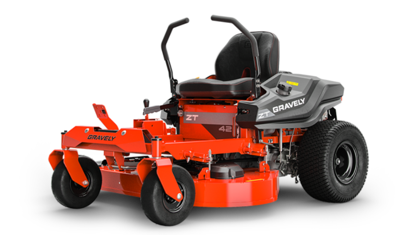 Another side view of a red Gravely ZT 42 zero-turn lawn mower with black accents.
