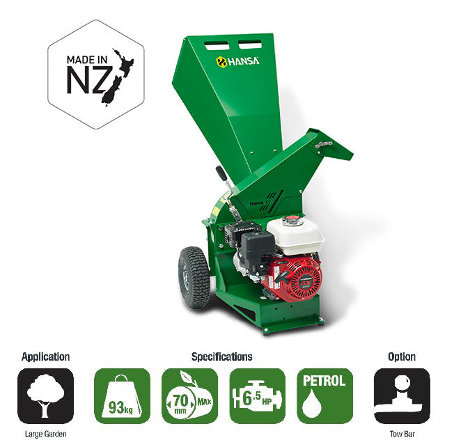 A green Hansa chipper with a gasoline engine, specifications listed as 70mm branch capacity, and options including a tow bar. The product is made in New Zealand.