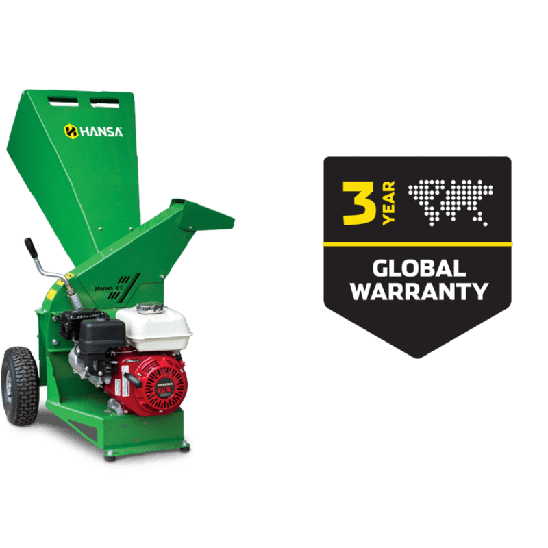 Hansa Green C7 Chipper with a 3-year global warranty badge on a green background