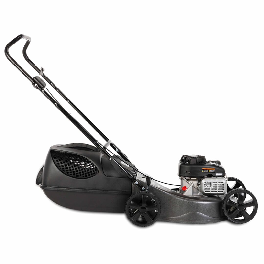 A black and gray walk-behind lawn mower with a black handle,four wheels, and a visible engine on a plain white background.