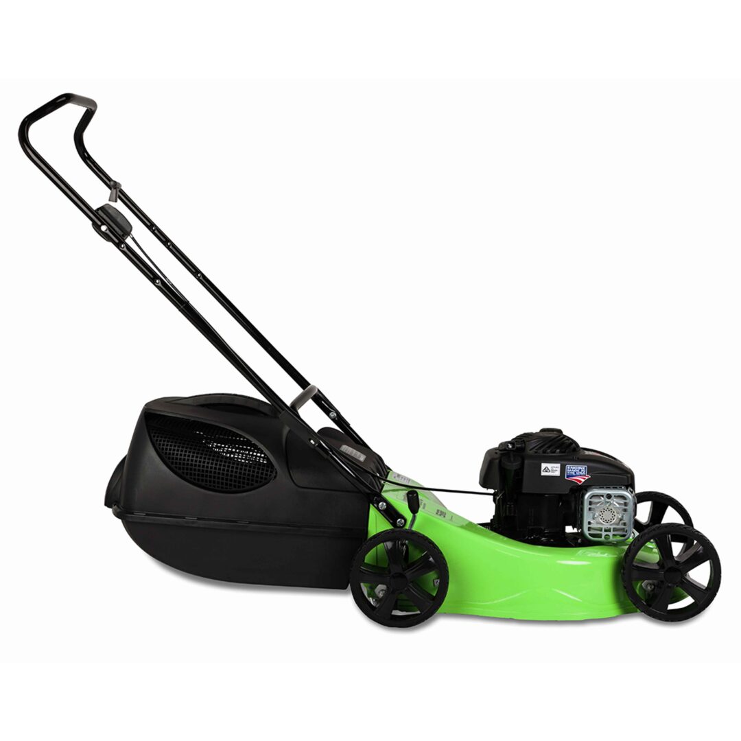 A green and black lawn mower with a black handle, shown from a side profile against a plain white background.