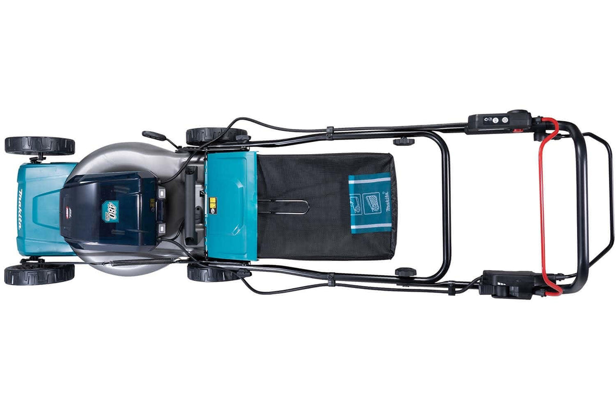 Top-down view of a Makita lawn mower on a white background