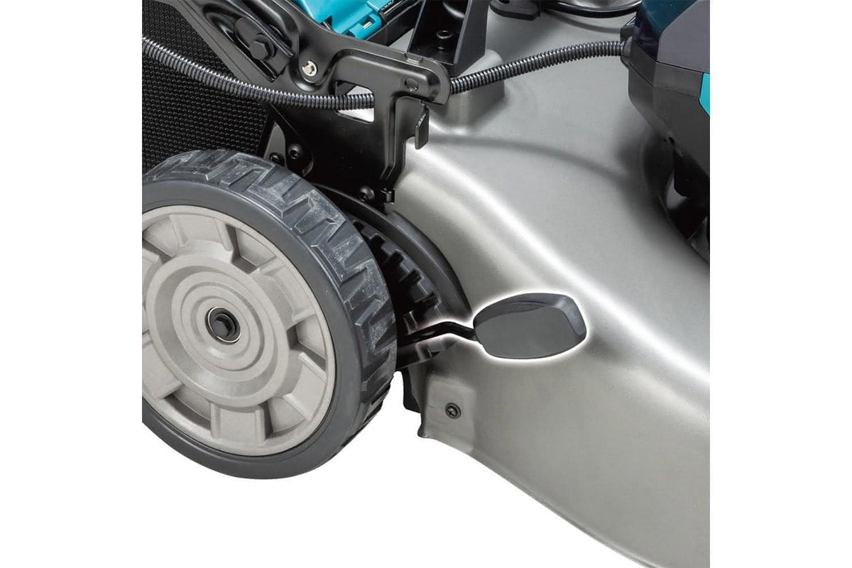 Close-up of a wheel and metal height adjuster component on a white background
