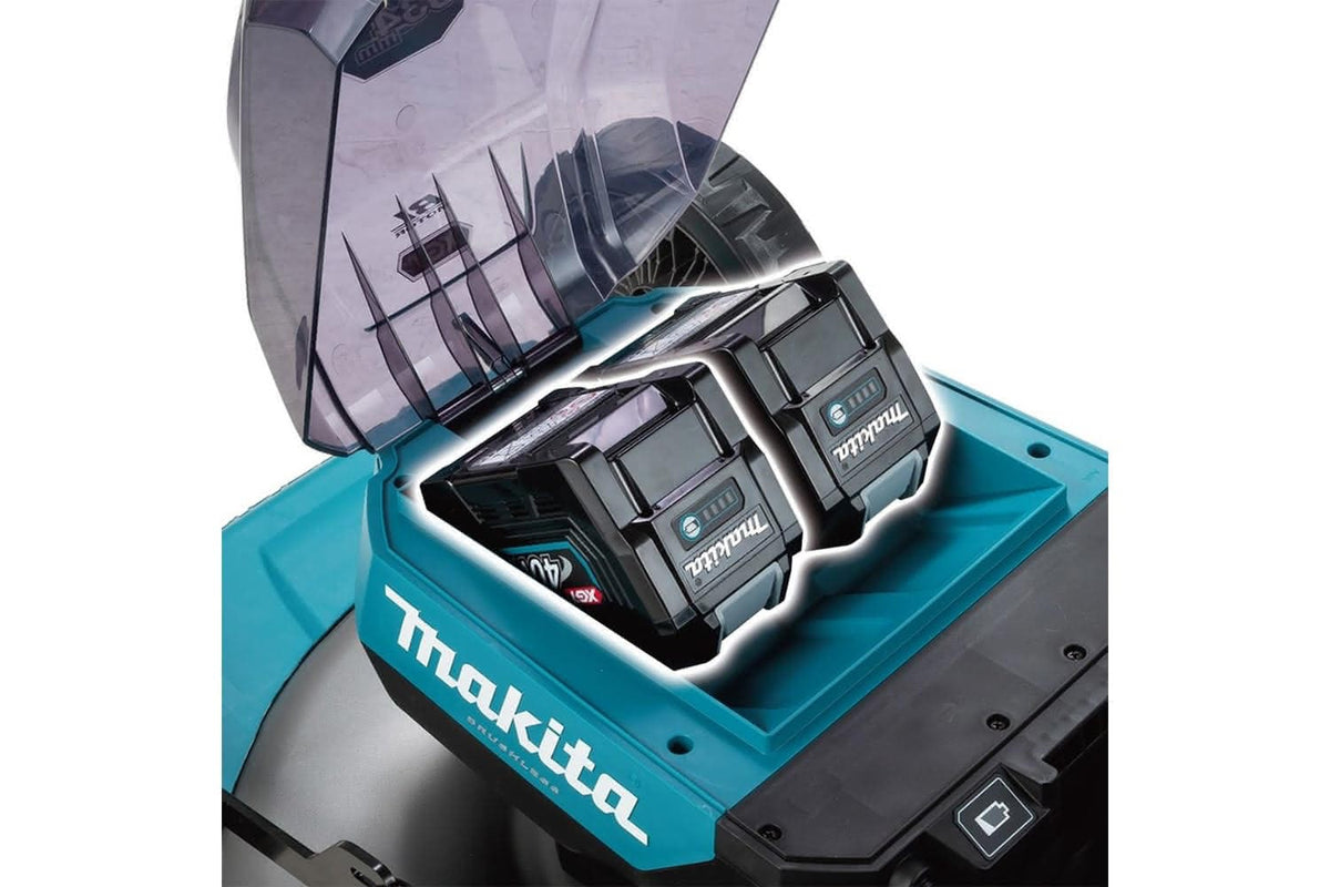 Makita XGT battery holder on LM001G lawnmower on a white background