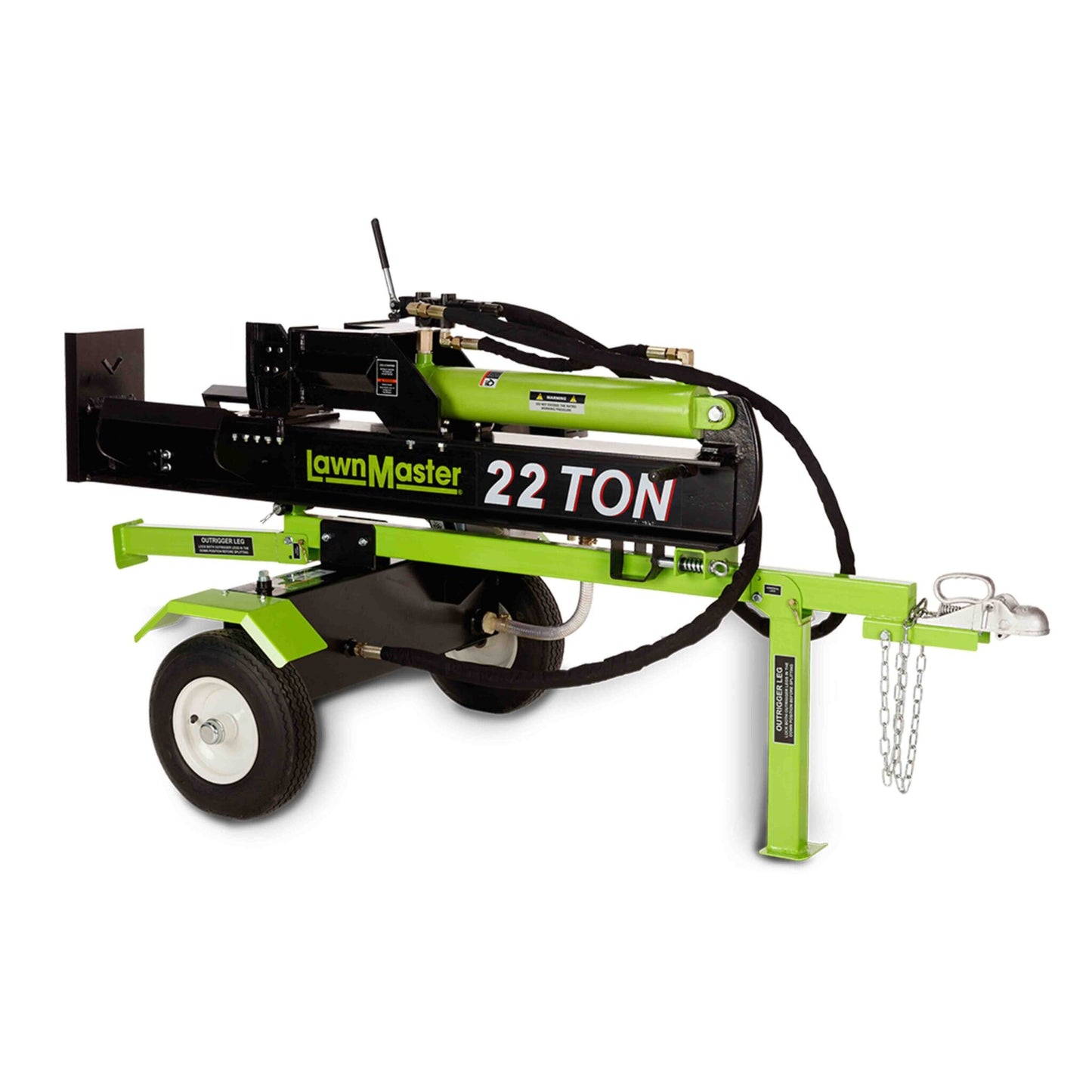 Green and black log splitter with 'Lawn Master' branding on a white background
